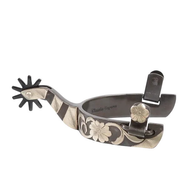 Men's Classic Equine Greyed Iron Reiner Spurs with Floral Silver Overlay