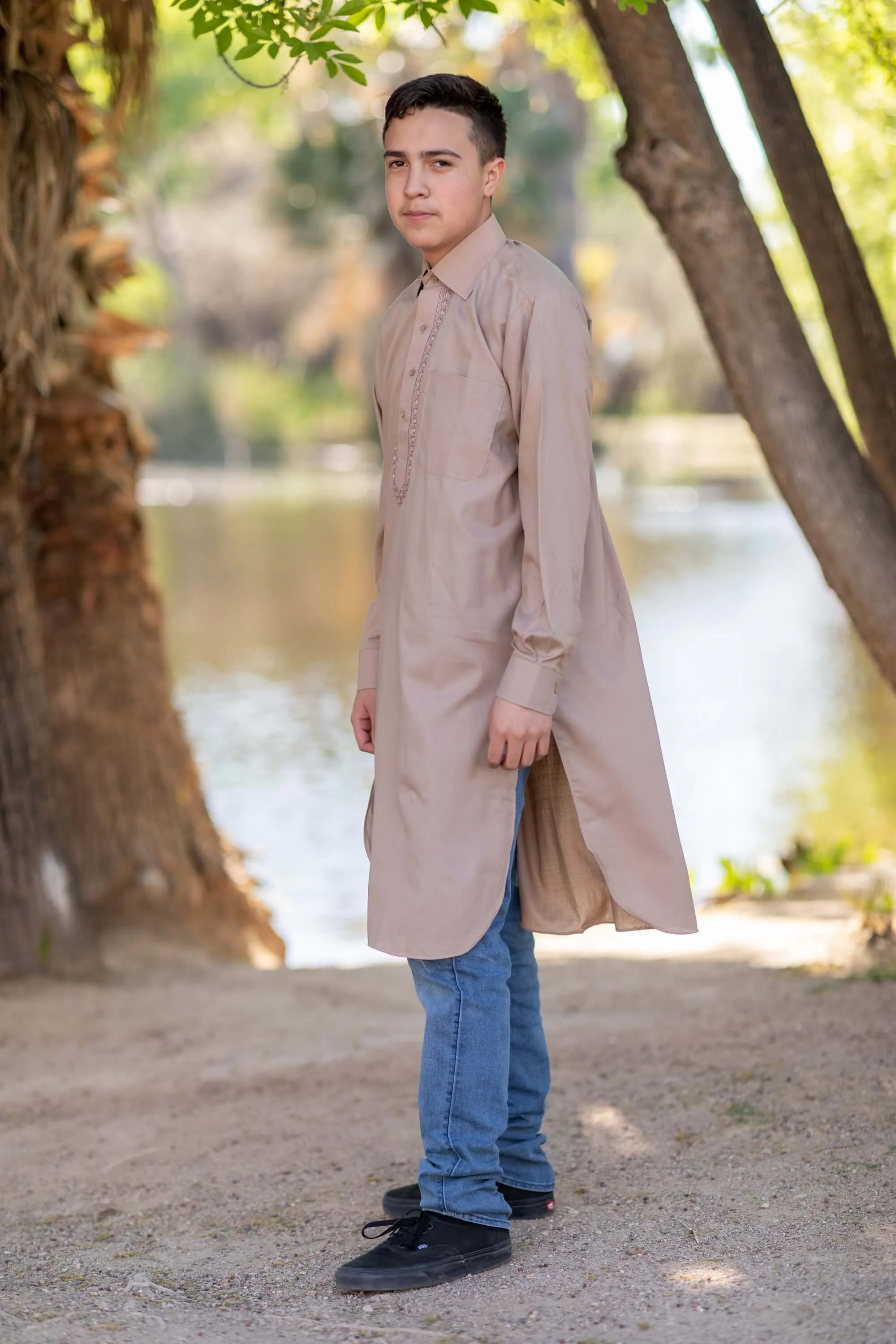 Men's Collared Button Down Beige Cotton Shirt