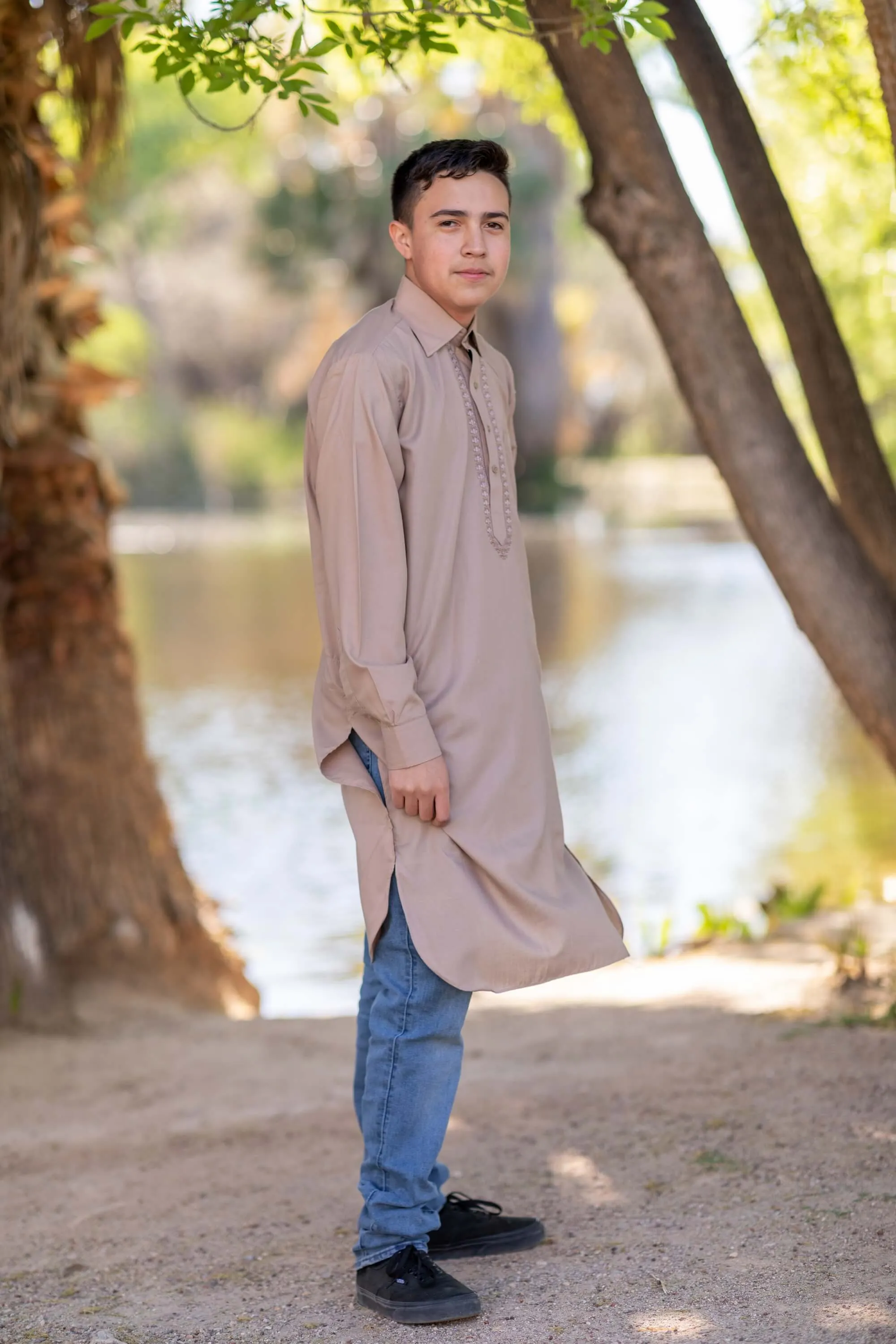 Men's Collared Button Down Beige Cotton Shirt