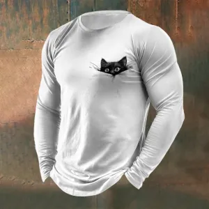 Men's Crew Neck Black Cat Print Long Sleeve T-Shirt 2411002517