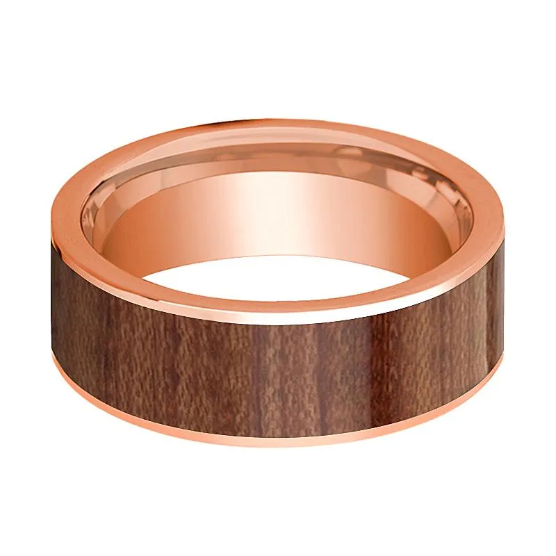 Men's Flat 14k Rose Gold Wedding Band with Rose Wood Inlay Polished Finish - 8MM