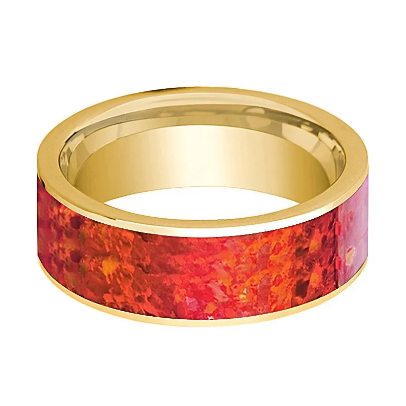 Men's Flat 14k Yellow Gold Wedding Band with Red Opal Inlay & Polished Finish - 8MM