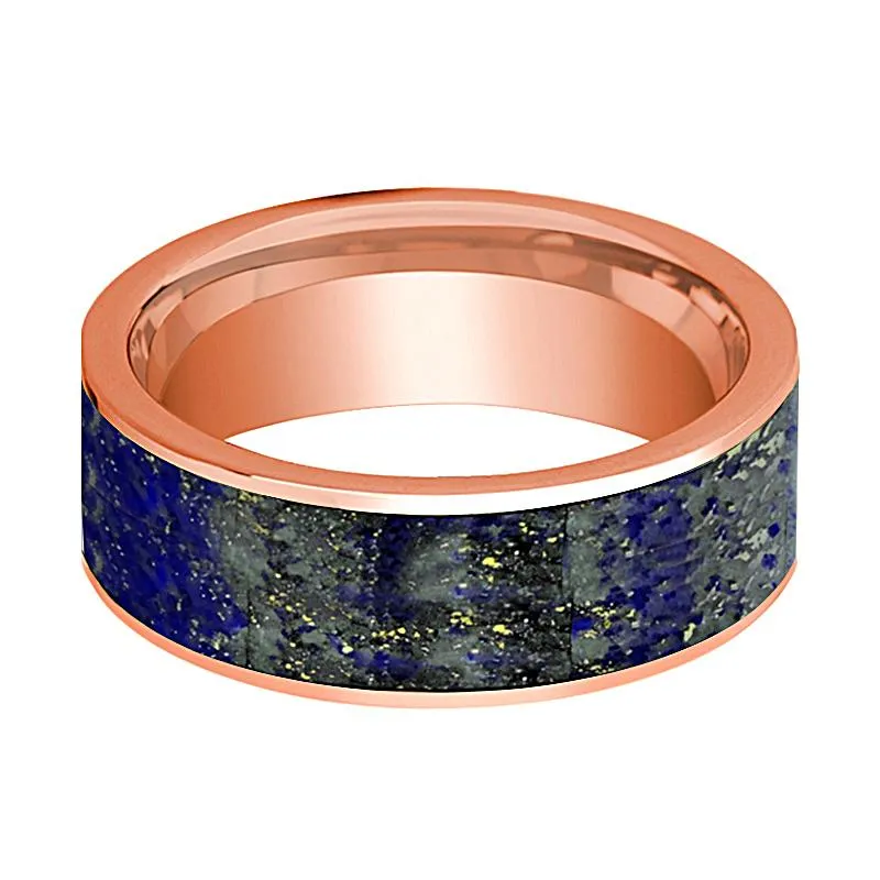 Men's Flat Polished 14k Rose Gold Wedding Band with Blue Lapis Lazuli Inlay - 8MM