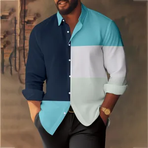 Men's Geometric Casual Colorblock Long Sleeve Shirt 2410007204