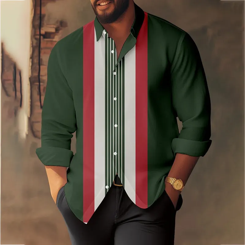 Men's Geometric Casual Colorblock Long Sleeve Shirt 2410007204