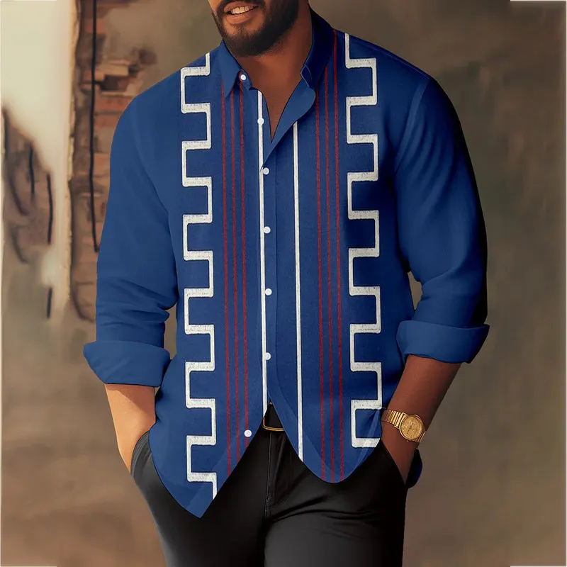 Men's Geometric Casual Colorblock Long Sleeve Shirt 2410007204