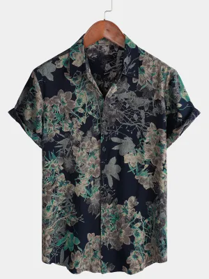 Men's Holiday Casual Summer Floral Vintage Black Short Sleeve Button Up Shirt