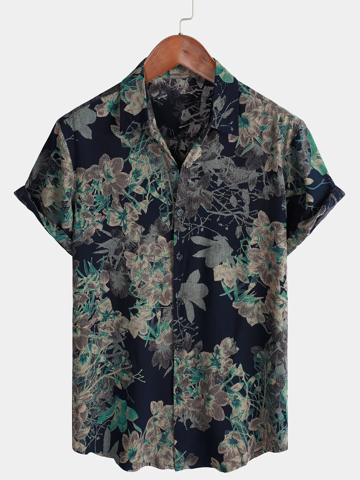 Men's Holiday Casual Summer Floral Vintage Black Short Sleeve Button Up Shirt