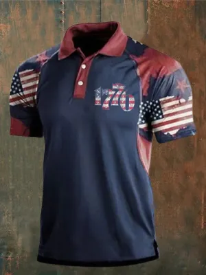 Men's Independence Day Vintage American Flag 1776 Printed Casual POLO Shirt