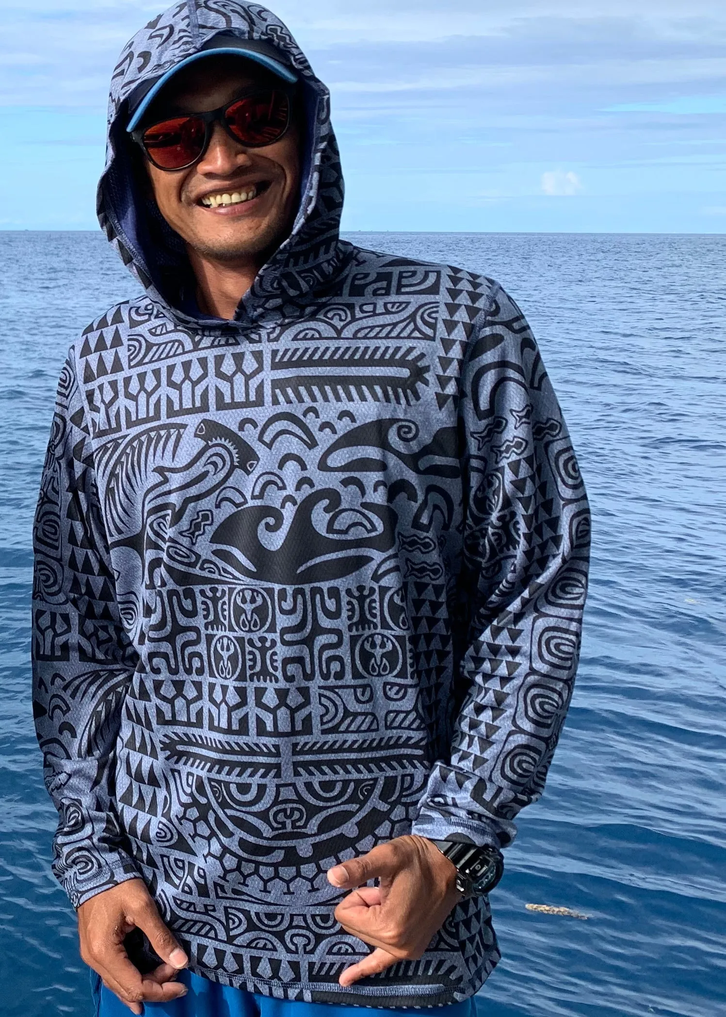 Men's Quik-Dry Hoodie ~ Matamua Print ~ Navy Blue