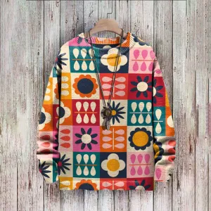 Men's Sweater Vintage Flower Colorblock Pattern Pullover Print Casual Sweater