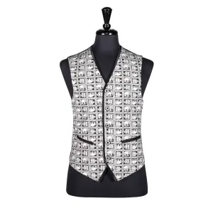 Men's Vest Black White Elephant Print Cotton Dress Formal Wedding Waistcoat