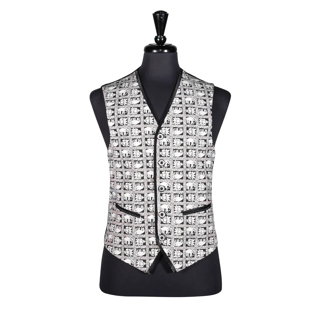Men's Vest Black White Elephant Print Cotton Dress Formal Wedding Waistcoat
