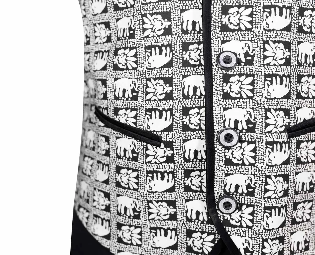 Men's Vest Black White Elephant Print Cotton Dress Formal Wedding Waistcoat