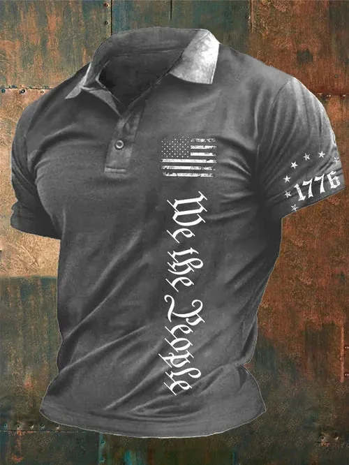 Men's Vintage American Flag Print Casual Polo Shirt