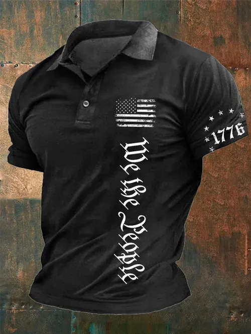 Men's Vintage American Flag Print Casual Polo Shirt