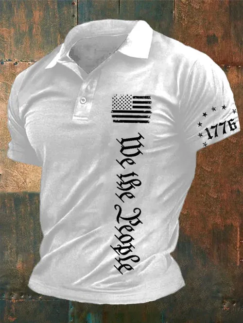 Men's Vintage American Flag Print Casual Polo Shirt