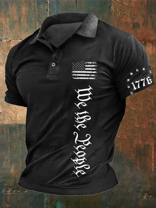 Men's Vintage American Flag Print Casual Polo Shirt