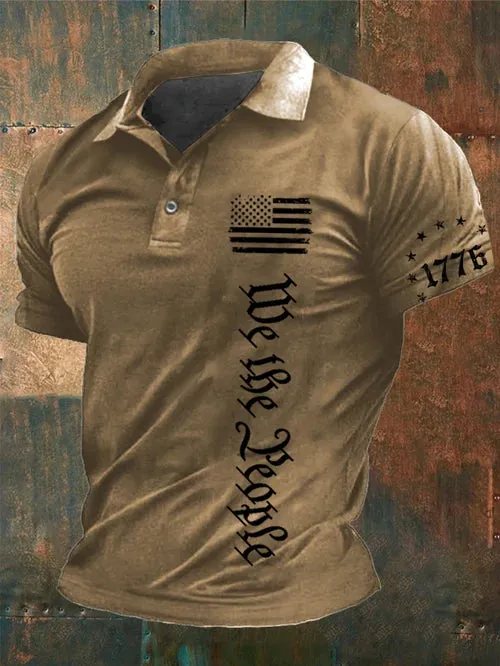Men's Vintage American Flag Print Casual Polo Shirt
