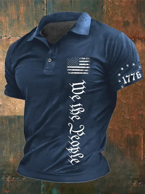 Men's Vintage American Flag Print Casual Polo Shirt