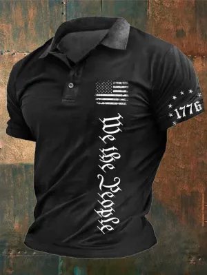 Men's Vintage American Flag Print Casual Polo Shirt