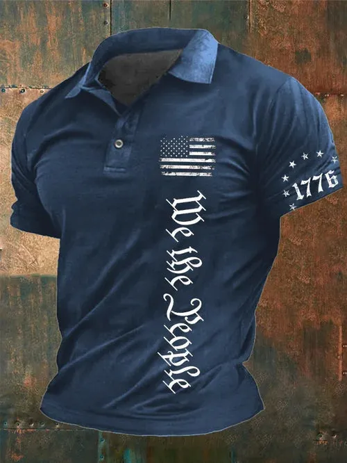Men's Vintage American Flag Print Casual Polo Shirt
