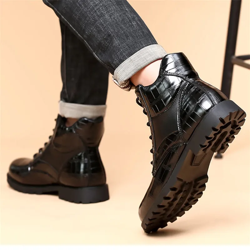 Men's Vintage Crocodile Printing Leather Martin Boots