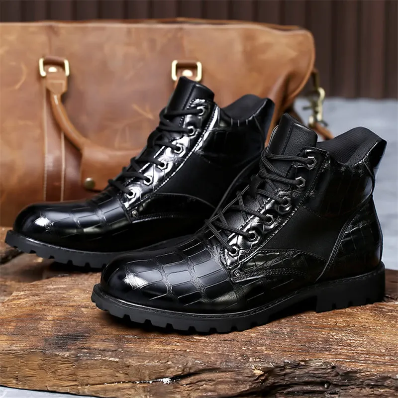 Men's Vintage Crocodile Printing Leather Martin Boots