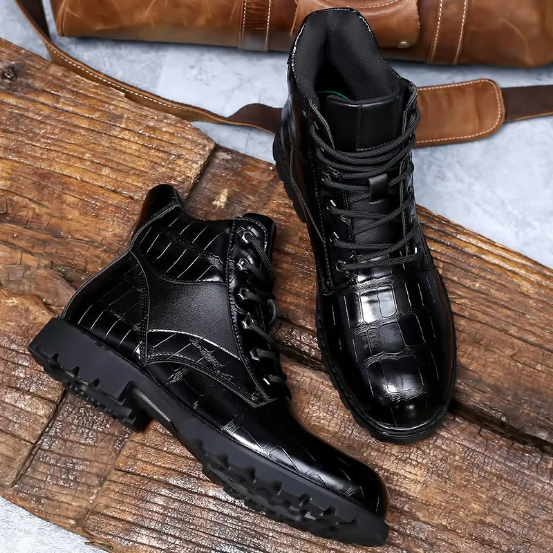 Men's Vintage Crocodile Printing Leather Martin Boots