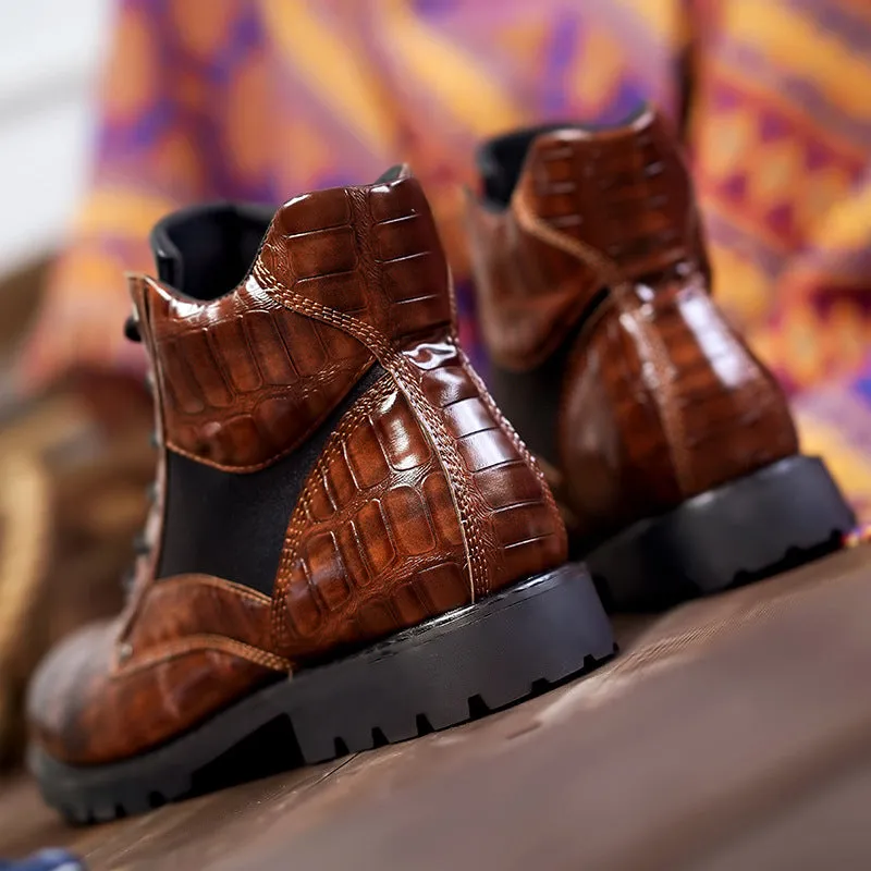 Men's Vintage Crocodile Printing Leather Martin Boots