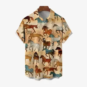 Men's Vintage Horse Print Casual Short Sleeve Shirt 2404000081