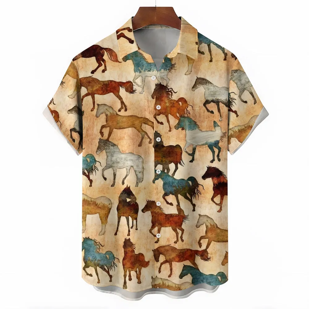 Men's Vintage Horse Print Casual Short Sleeve Shirt 2404000081