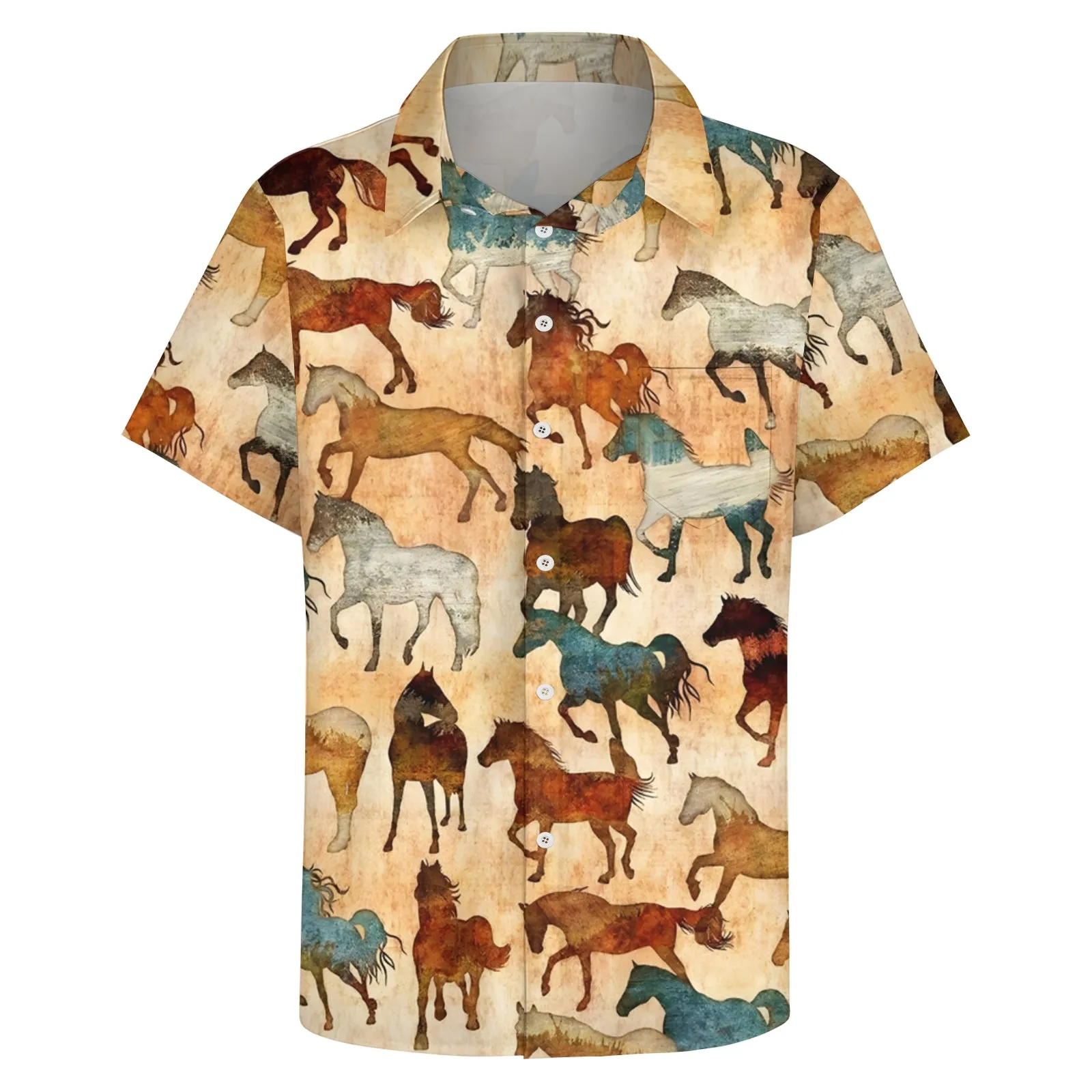 Men's Vintage Horse Print Casual Short Sleeve Shirt 2404000081