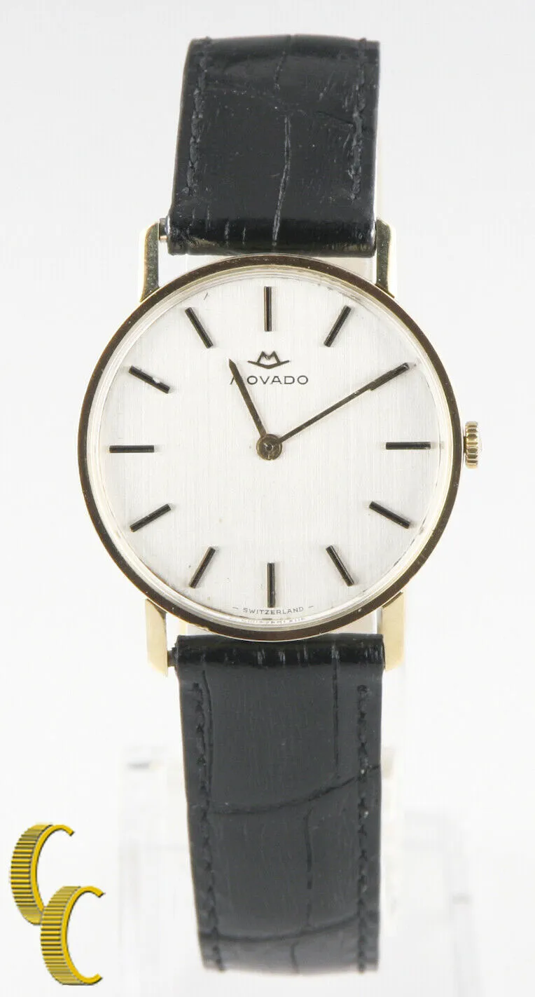 Men's Vintage Movado 18kt Gold Hand-Winding Watch w/ Black Leather Band