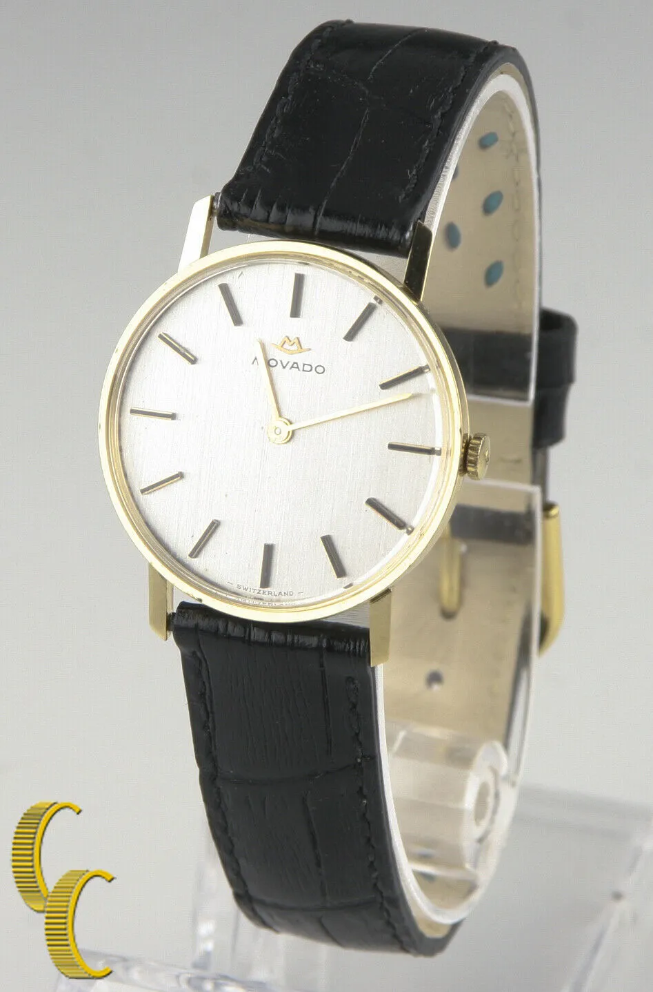 Men's Vintage Movado 18kt Gold Hand-Winding Watch w/ Black Leather Band