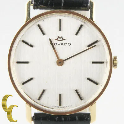Men's Vintage Movado 18kt Gold Hand-Winding Watch w/ Black Leather Band