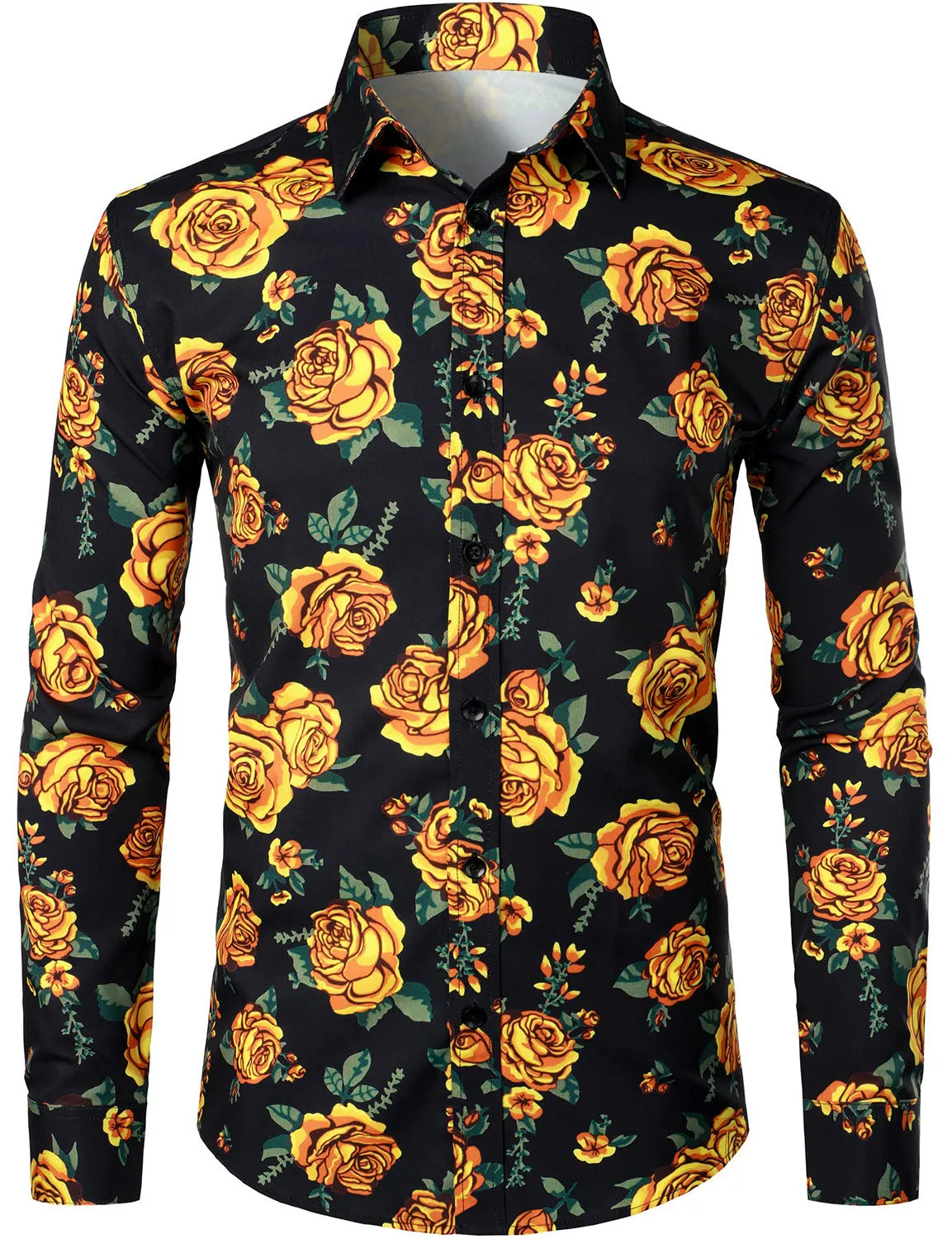 Men's Vintage Yellow Rose Casual Long Sleeve Button Up Shirt