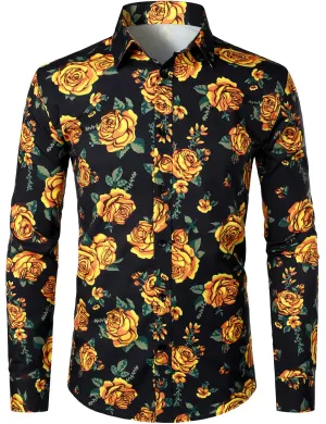 Men's Vintage Yellow Rose Casual Long Sleeve Button Up Shirt