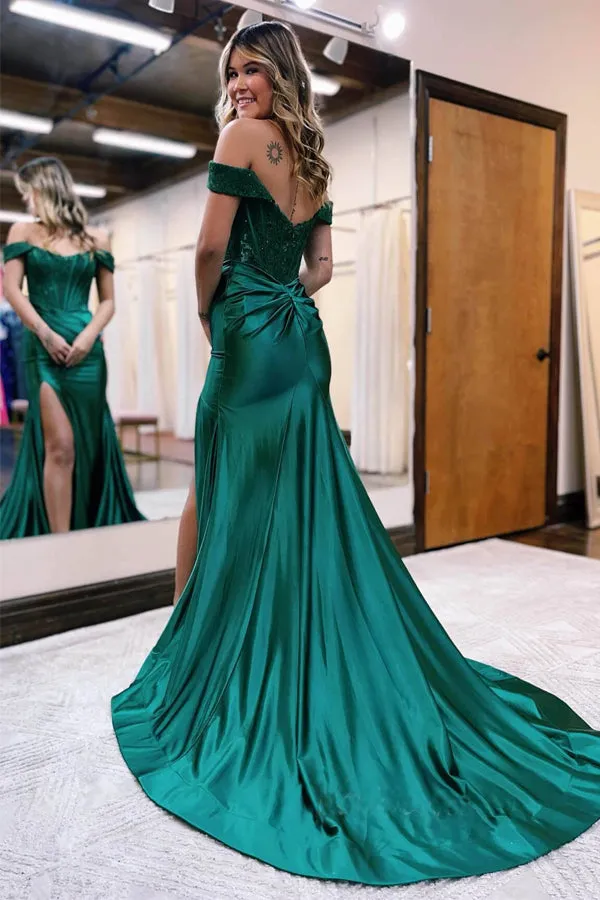 Mermaid Off Shoulder Satin Lace Long Prom Dress Formal Evening Dress  PSK375