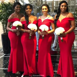 Mermaid Off-the-Shoulder Sleeveless Floor-Length Modern Red Bridesmaid Dress, BD0487
