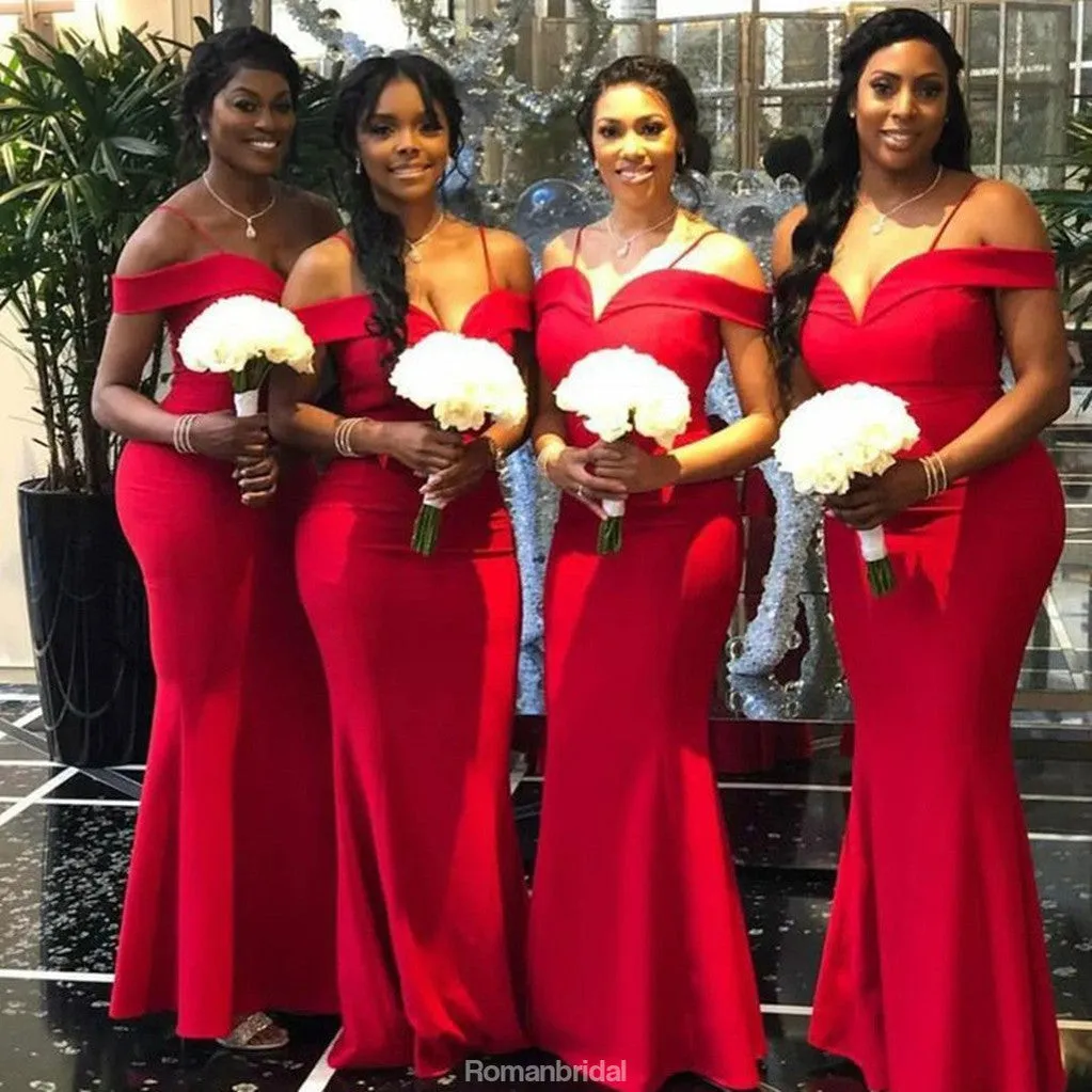 Mermaid Off-the-Shoulder Sleeveless Floor-Length Modern Red Bridesmaid Dress, BD0487
