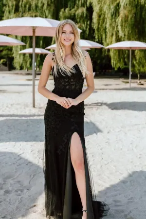 Mermaid Straps Lace Appliques Black Long Prom Dress with Slit TP1355