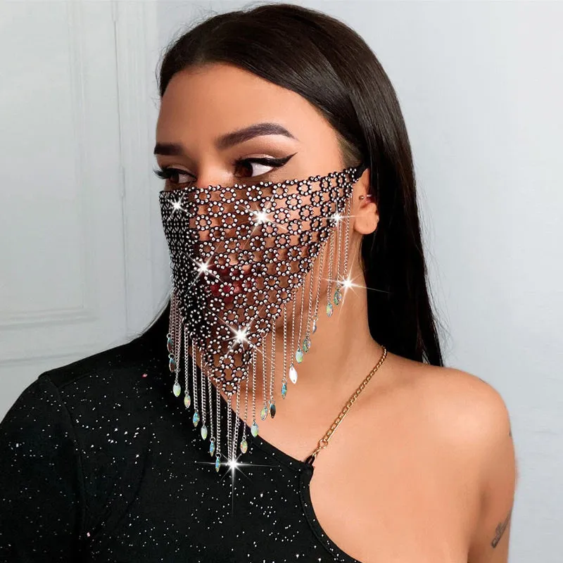 Mesh Rhinestone Jewelry Metal Tassel Mask