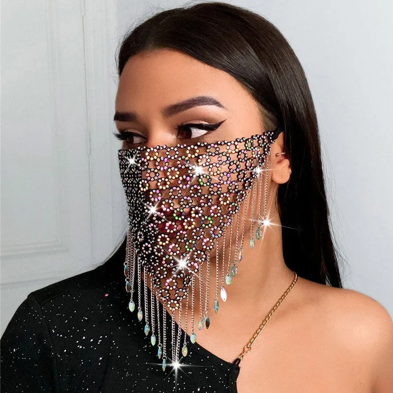 Mesh Rhinestone Jewelry Metal Tassel Mask
