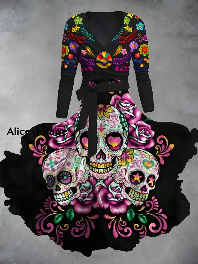 Mexican Floral Print V-Neck Vintage Long Sleeve Two-Piece Dress