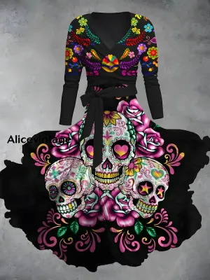 Mexican Floral Print V-Neck Vintage Long Sleeve Two-Piece Dress