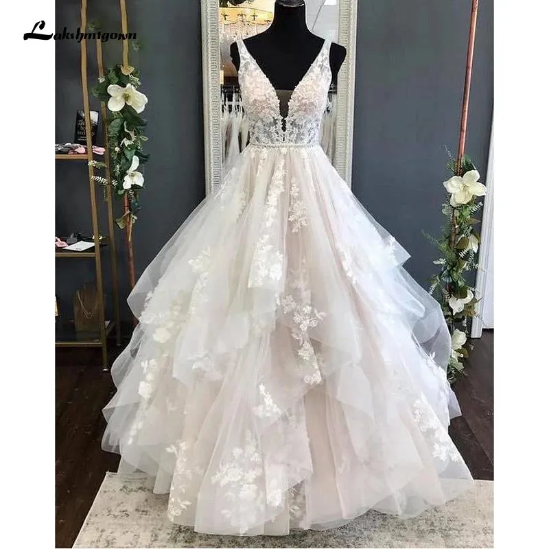 Modern Blush Pink Wedding Gowns Lace Tulle Appliques Beading V-Neck Sleeveless Floor-Length A-Line Custom Made Bridal Dresses