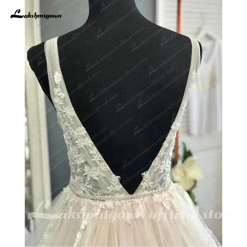 Modern Blush Pink Wedding Gowns Lace Tulle Appliques Beading V-Neck Sleeveless Floor-Length A-Line Custom Made Bridal Dresses