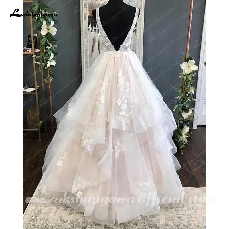 Modern Blush Pink Wedding Gowns Lace Tulle Appliques Beading V-Neck Sleeveless Floor-Length A-Line Custom Made Bridal Dresses