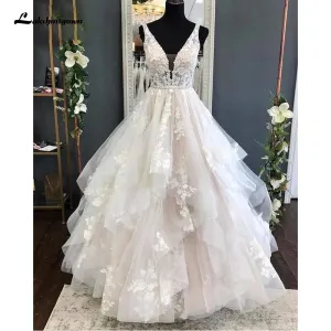 Modern Blush Pink Wedding Gowns Lace Tulle Appliques Beading V-Neck Sleeveless Floor-Length A-Line Custom Made Bridal Dresses